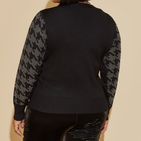 Plus ASHLEY STEWART Black Houndstooth Embellished Crop Cardigan Sweater - Picture 2 of 5